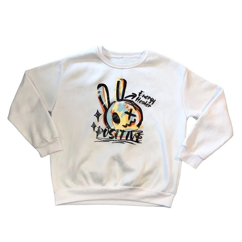 Graphic Bunny Sweatshirt Positive Energy Healer Graffiti Crewneck Pullover White